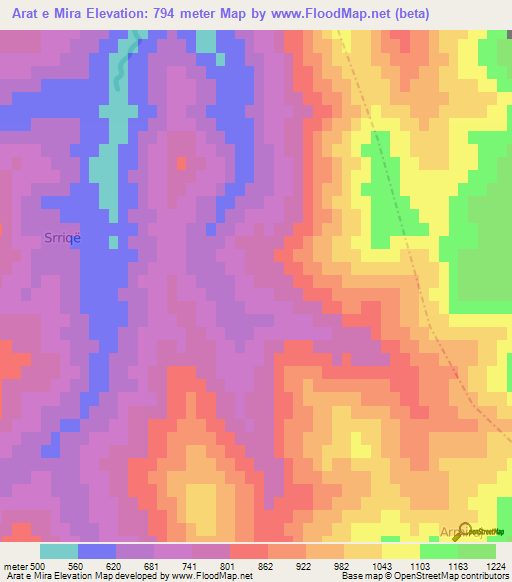 Arat e Mira,Albania Elevation Map