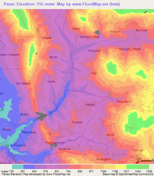 Panec,Albania Elevation Map