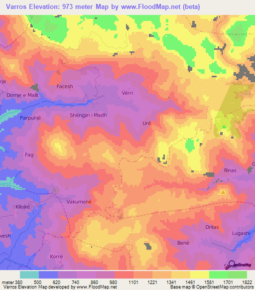 Varros,Albania Elevation Map