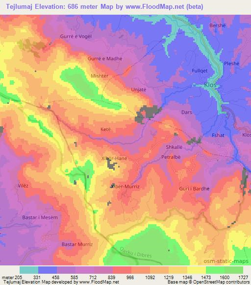 Tejlumaj,Albania Elevation Map