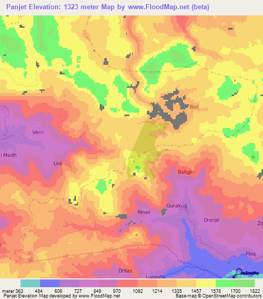 Panjet,Albania Elevation Map