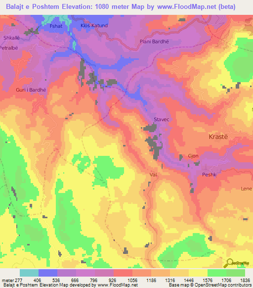 Balajt e Poshtem,Albania Elevation Map