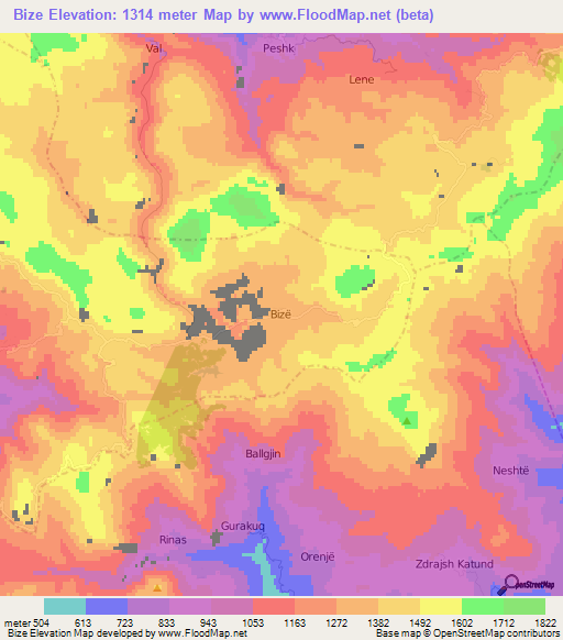 Bize,Albania Elevation Map