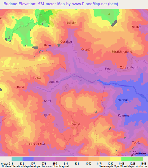 Budane,Albania Elevation Map