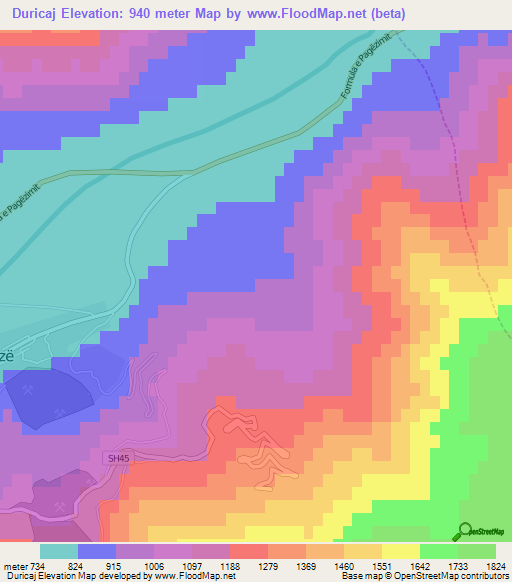 Duricaj,Albania Elevation Map