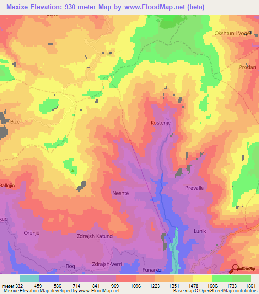 Mexixe,Albania Elevation Map