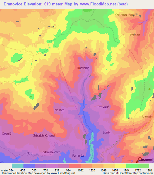 Dranovice,Albania Elevation Map