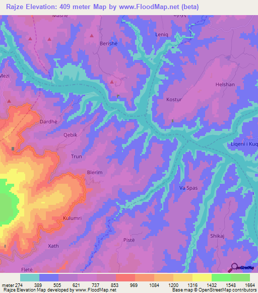 Rajze,Albania Elevation Map