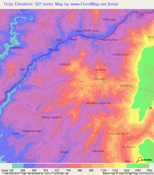 Troje,Albania Elevation Map