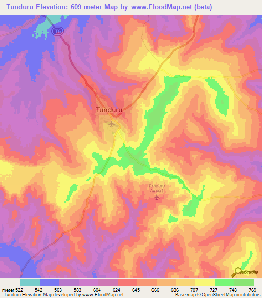 Tunduru,Tanzania Elevation Map