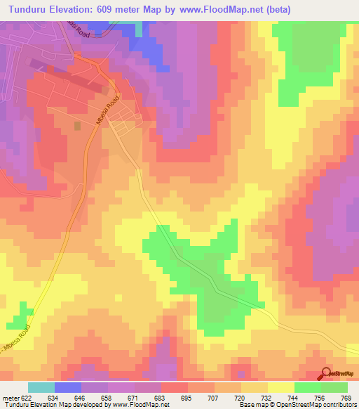 Tunduru,Tanzania Elevation Map