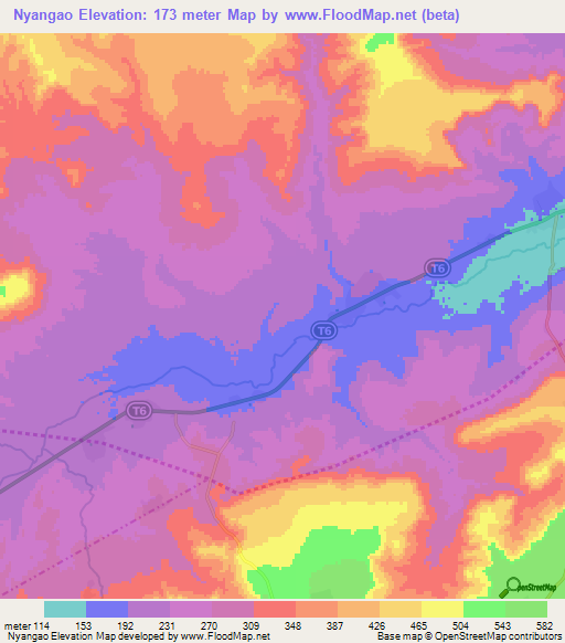 Nyangao,Tanzania Elevation Map