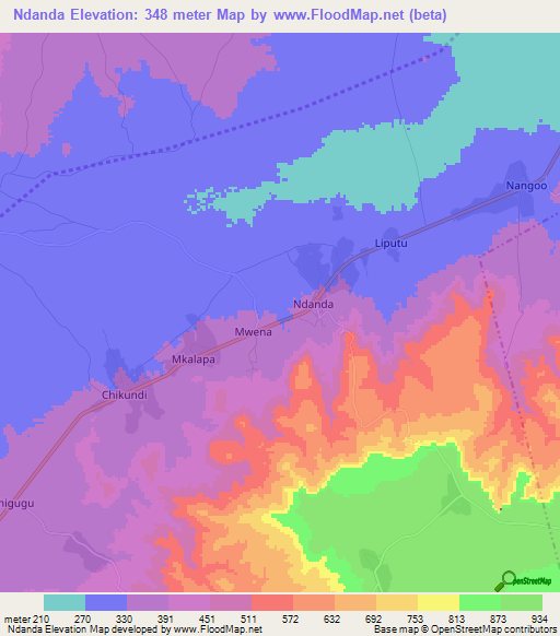 Ndanda,Tanzania Elevation Map