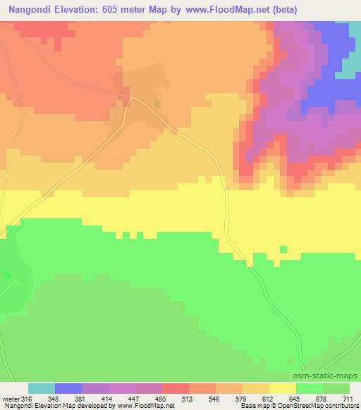 Nangondi,Tanzania Elevation Map