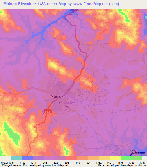 Mbinga,Tanzania Elevation Map