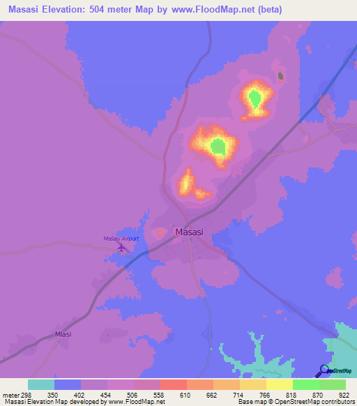 Masasi,Tanzania Elevation Map