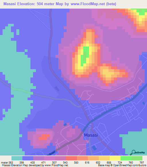 Masasi,Tanzania Elevation Map