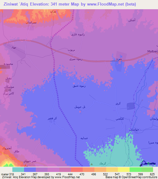 Ziniwat `Atiq,Iraq Elevation Map