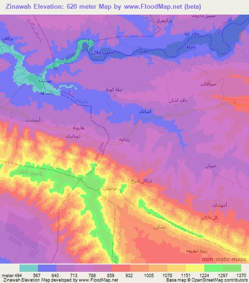 Zinawah,Iraq Elevation Map