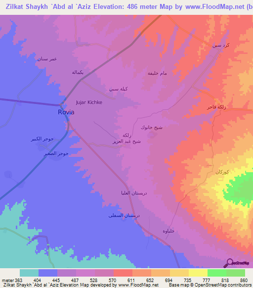 Zilkat Shaykh `Abd al `Aziz,Iraq Elevation Map