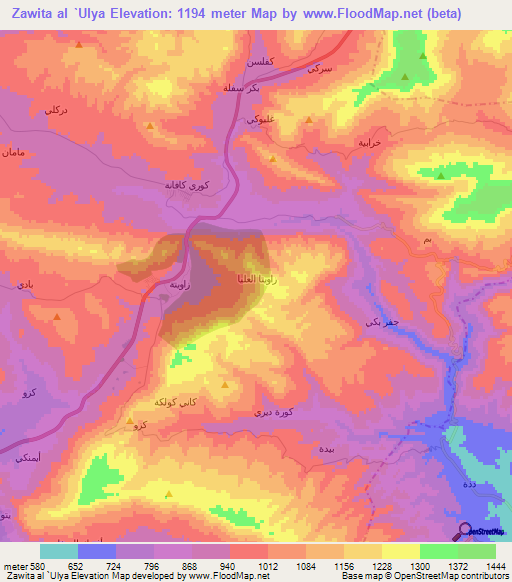 Zawita al `Ulya,Iraq Elevation Map