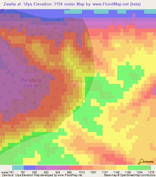 Zawita al `Ulya,Iraq Elevation Map