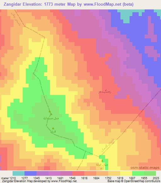 Zangidar,Iraq Elevation Map