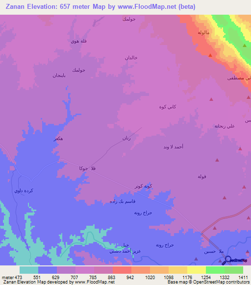 Zanan,Iraq Elevation Map