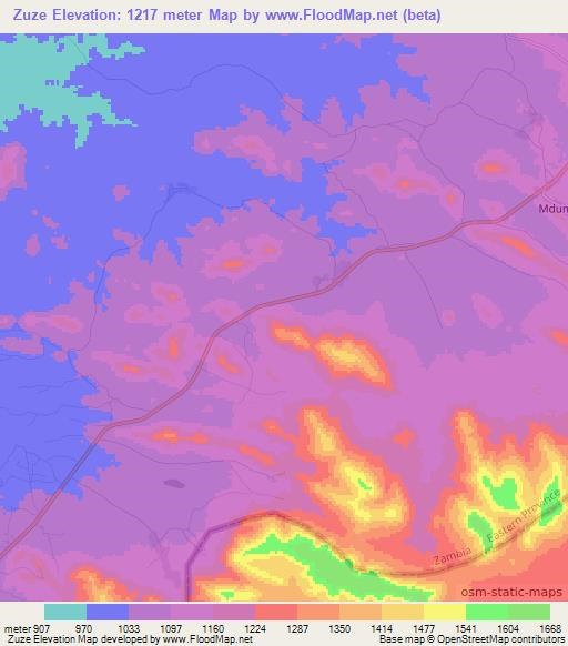 Zuze,Zambia Elevation Map