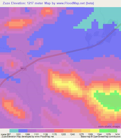 Zuze,Zambia Elevation Map