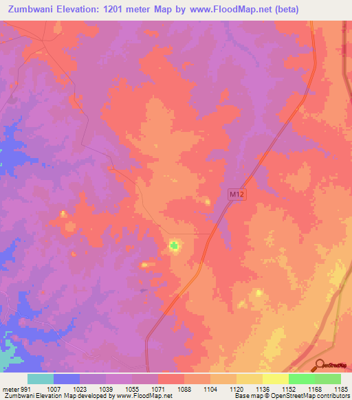 Zumbwani,Zambia Elevation Map