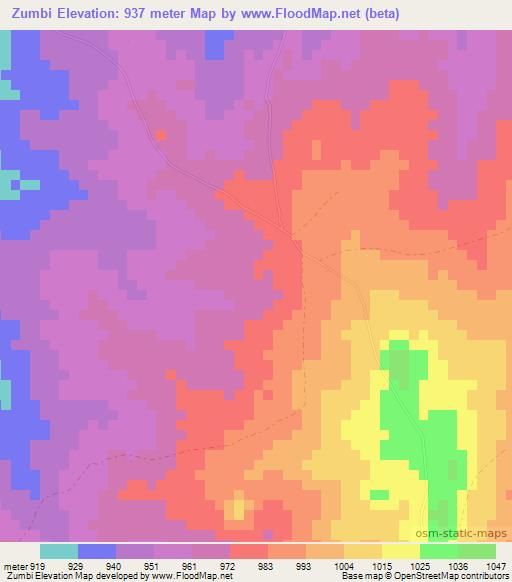 Zumbi,Zambia Elevation Map