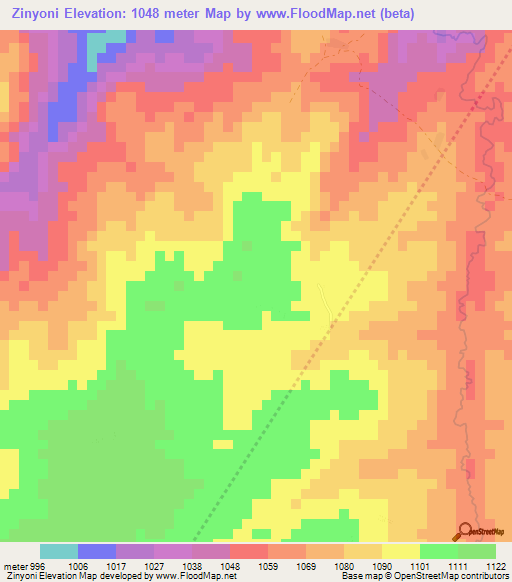 Zinyoni,Zambia Elevation Map