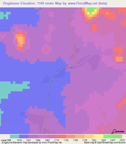 Zingalume,Zambia Elevation Map