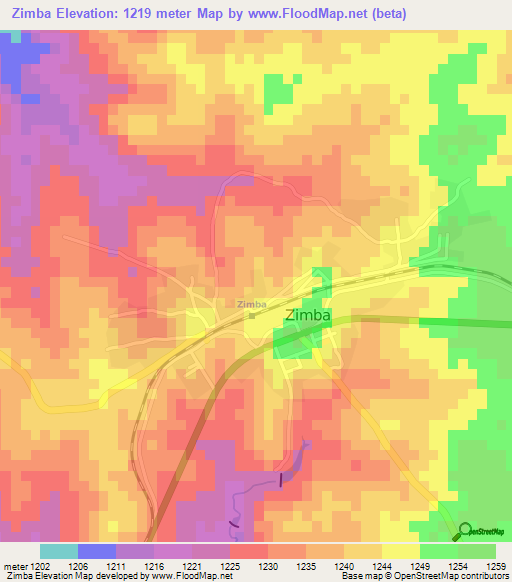 Zimba,Zambia Elevation Map