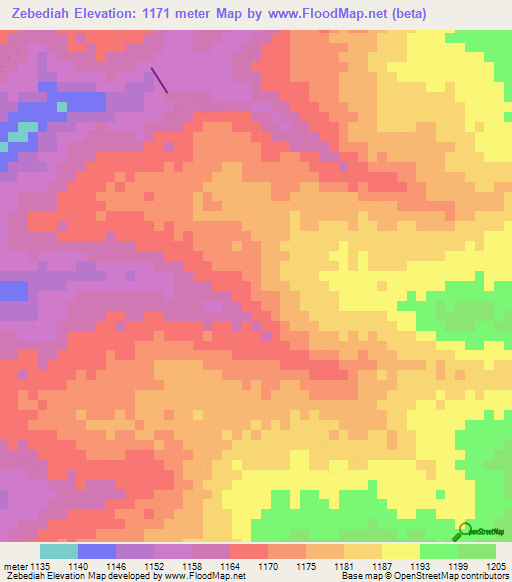 Zebediah,Zambia Elevation Map