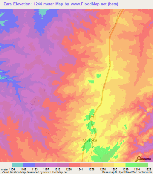 Zara,Zambia Elevation Map