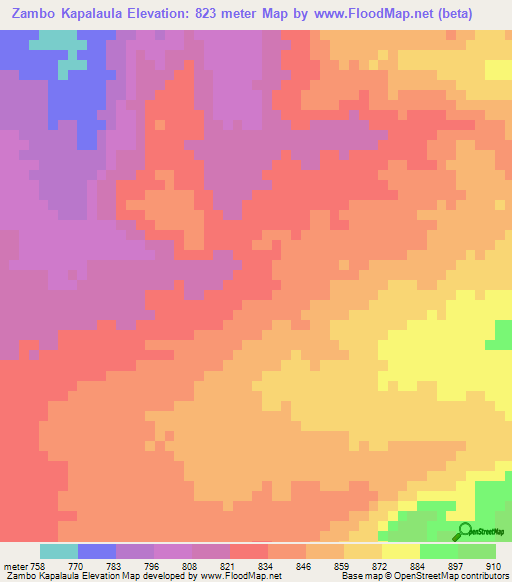 Zambo Kapalaula,Zambia Elevation Map