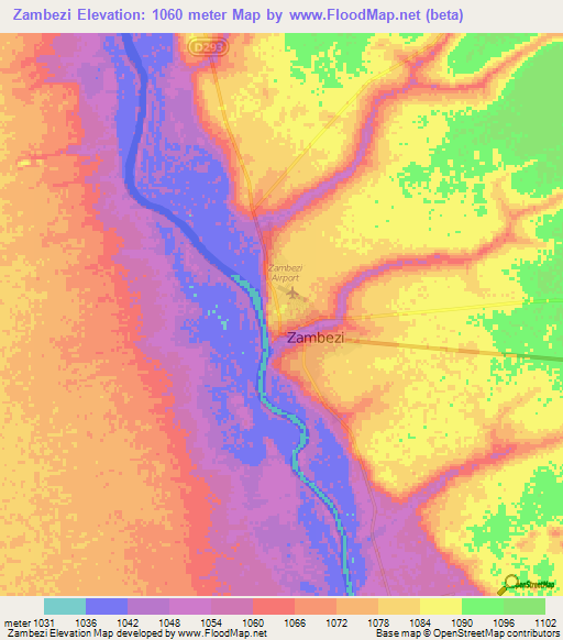 Zambezi,Zambia Elevation Map