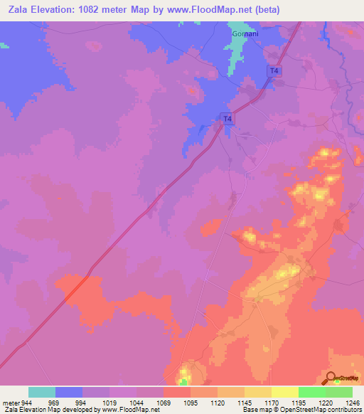 Zala,Zambia Elevation Map