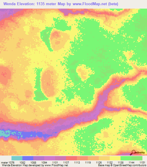 Wenda,Zambia Elevation Map