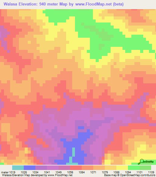 Walasa,Zambia Elevation Map