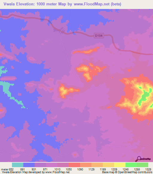 Vwala,Zambia Elevation Map