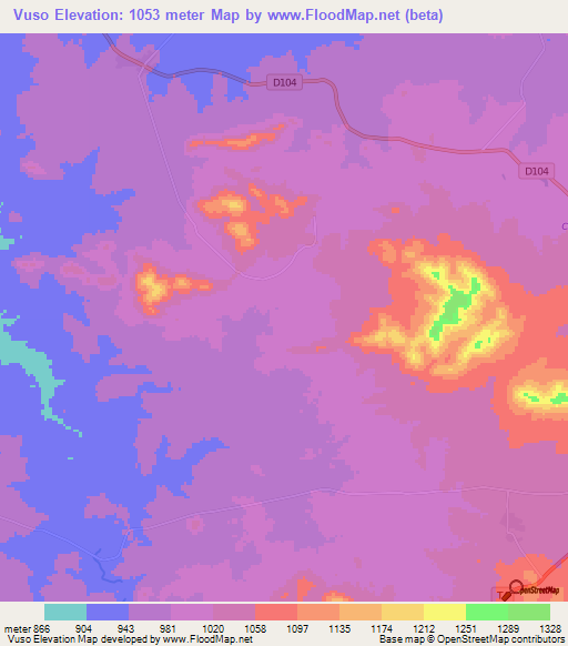 Vuso,Zambia Elevation Map