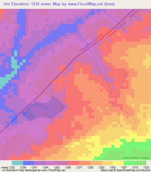 Uni,Zambia Elevation Map