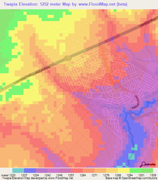 Twapia,Zambia Elevation Map