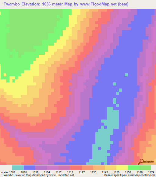 Twambo,Zambia Elevation Map