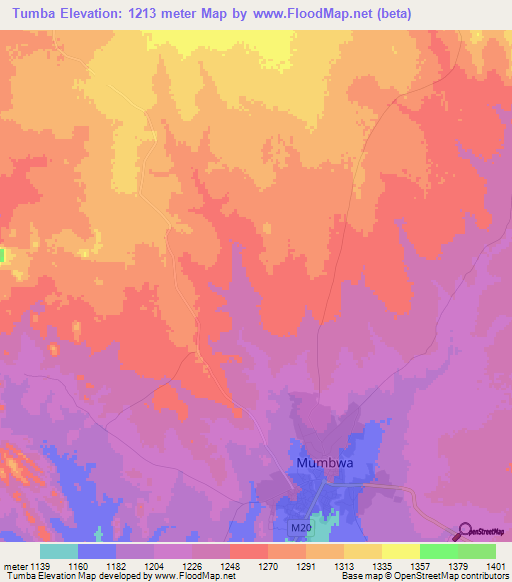 Tumba,Zambia Elevation Map