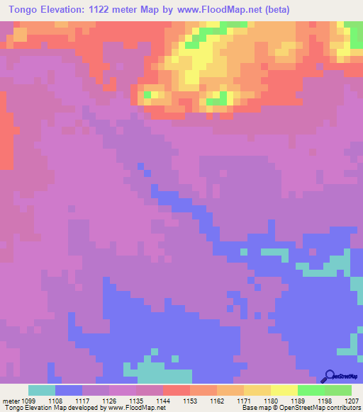 Tongo,Zambia Elevation Map