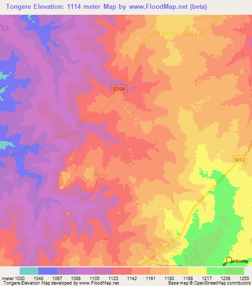 Tongere,Zambia Elevation Map